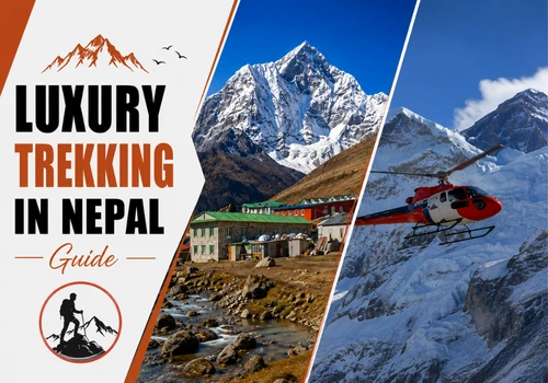 Premium Himalayan trekking scenes in Nepal showing snow peaks, mountain lodge and private helicopter transfer