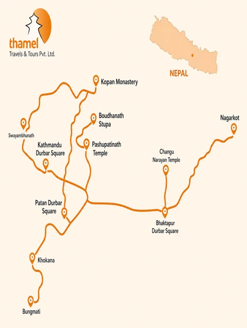 Tour map of Kathmandu Valley and Nagarkot Nepal.