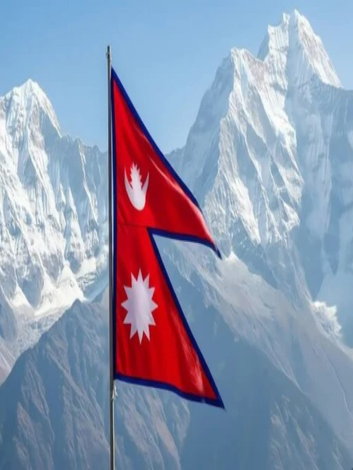 Nepal flag with the Himalayas, symbolizing Nepal tourism, Everest trekking, cultural heritage, adventure travel, and Himalayan landscapes.