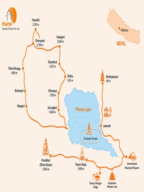 Tour map of Pokhara Nepal featuring Phewa Lake, Peace Stupa, and Annapurna trekking routes.