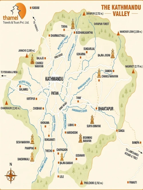 map of Kathmandu Valley highlighting Kathmandu, Patan, and Bhaktapur.