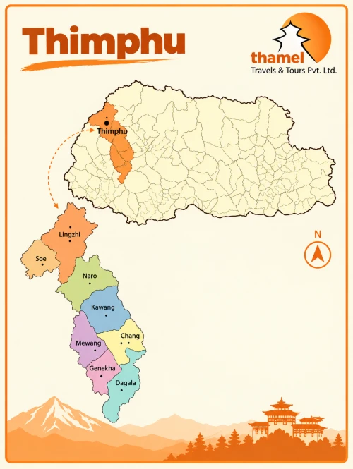 Thimphu Bhutan map with eight gewogs and Himalayan landscape.