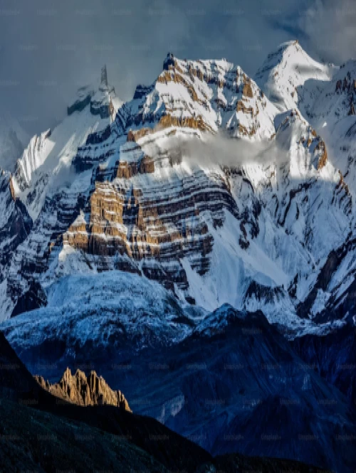 Snow covered Mount Kailash in western Tibet with the Himalayan mountain landscape