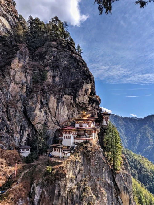 Paro Taktsang Tiger's Nest monastery perched on a cliffside in Paro Valley