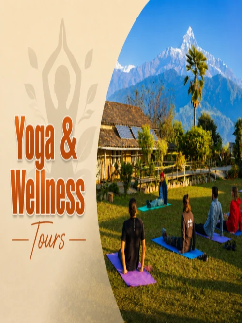 Group yoga session on lawn with Machapuchare and Annapurna range backdrop, Nepal wellness tour