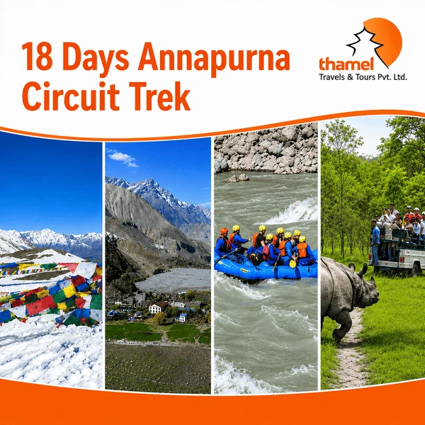 18 Days Annapurna Circuit Trek with Mustang, Kali Gandaki River Rafting and Chitwan Jungle Safari in Nepal.