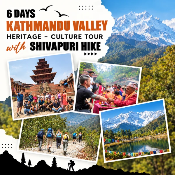 Hikers walking a forest trail on the Shivapuri Hike during the 6 Days Kathmandu Valley Heritage and Cultural Tour