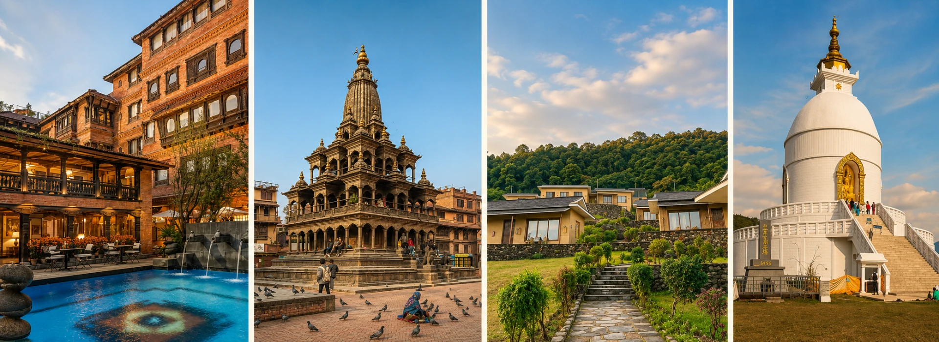 Short, Exclusive, and Experiential Luxury Nepal holiday featuring Dwarika's Hotel, Patan Durbar Square, mountain resort, and World Peace Pagoda in Nepal