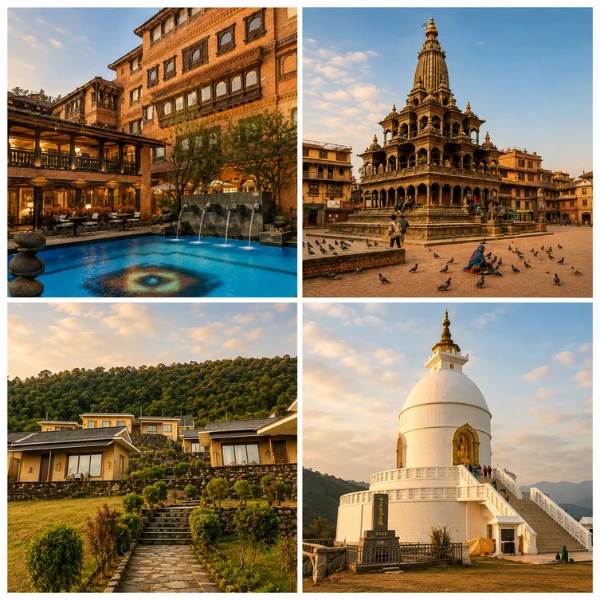 Short, Exclusive, and Experiential Luxury Nepal holiday featuring Dwarika's Hotel, Patan Durbar Square, mountain resort, and World Peace Pagoda in Nepal