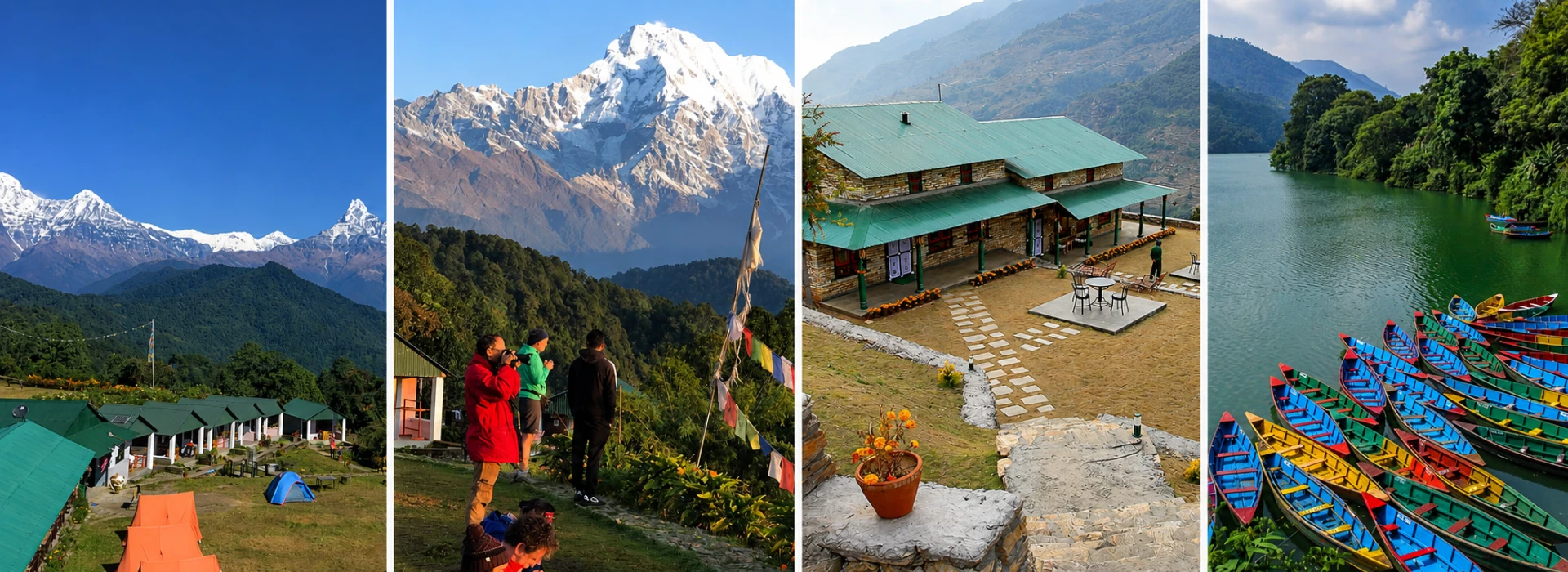 Australian Camp lodge, Annapurna views, Landruk Gurung village, and Phewa Lake boats in Pokhara