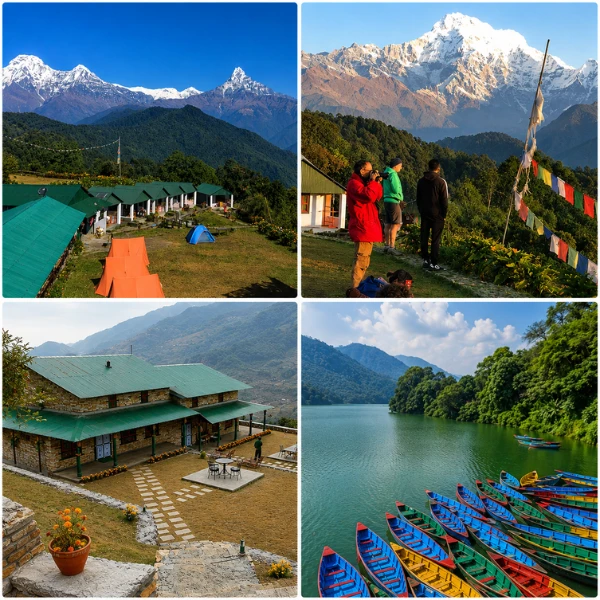 Australian Camp lodge, Annapurna views, Landruk Gurung village, and Phewa Lake boats in Pokhara