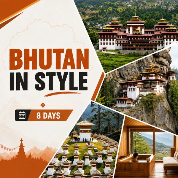 Thamel Travels 8 day Luxury Bhutan Tour showing Thimphu dzong, Paro Taktsang cliffside monastery, Dochula Pass chortens and a hot stone bath retreat