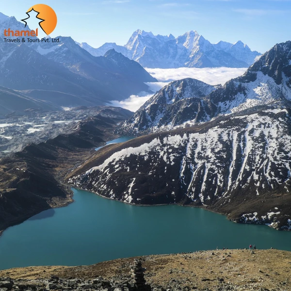 Everest Base Camp with Gokyo Lakes Trek featuring the turquoise Gokyo Lake and snow-capped Himalayan peaks in Nepal.