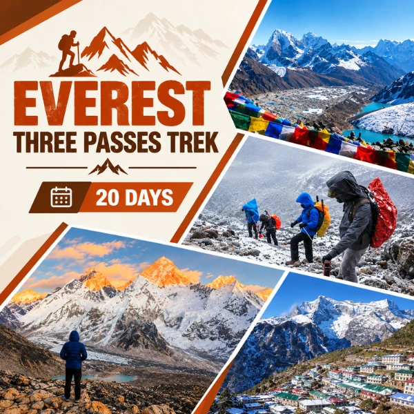 Trekkers crossing a snowy high mountain pass during the Everest Three Passes Trek