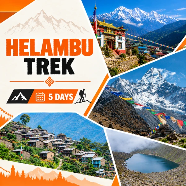 Short Helambu Trek in 5 days with a Buddhist monastery, prayer flags and snow capped mountains
