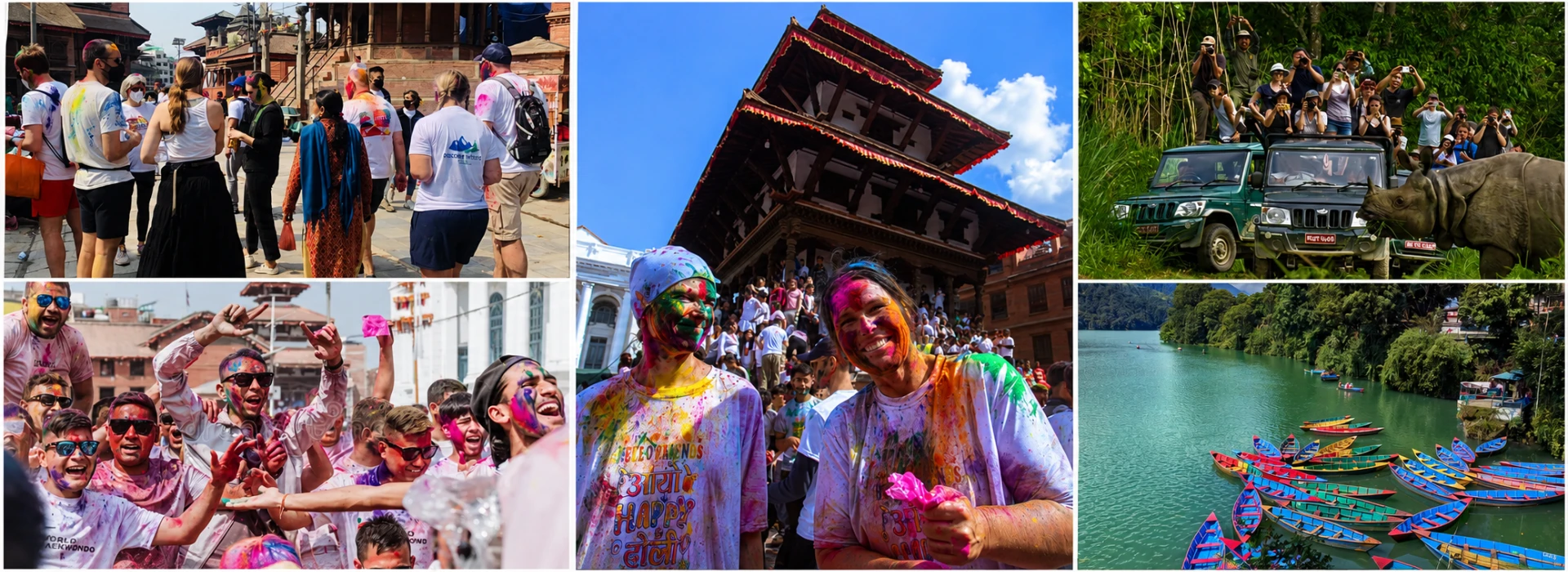 Holi festival celebration in Kathmandu with a Chitwan jeep safari and colorful boats on Pokhara's lake