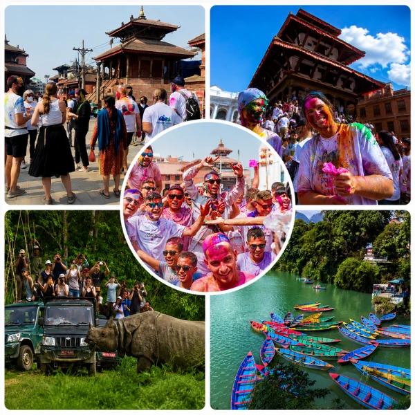 Holi festival celebration in Kathmandu with a Chitwan jeep safari and colorful boats on Pokhara's lake