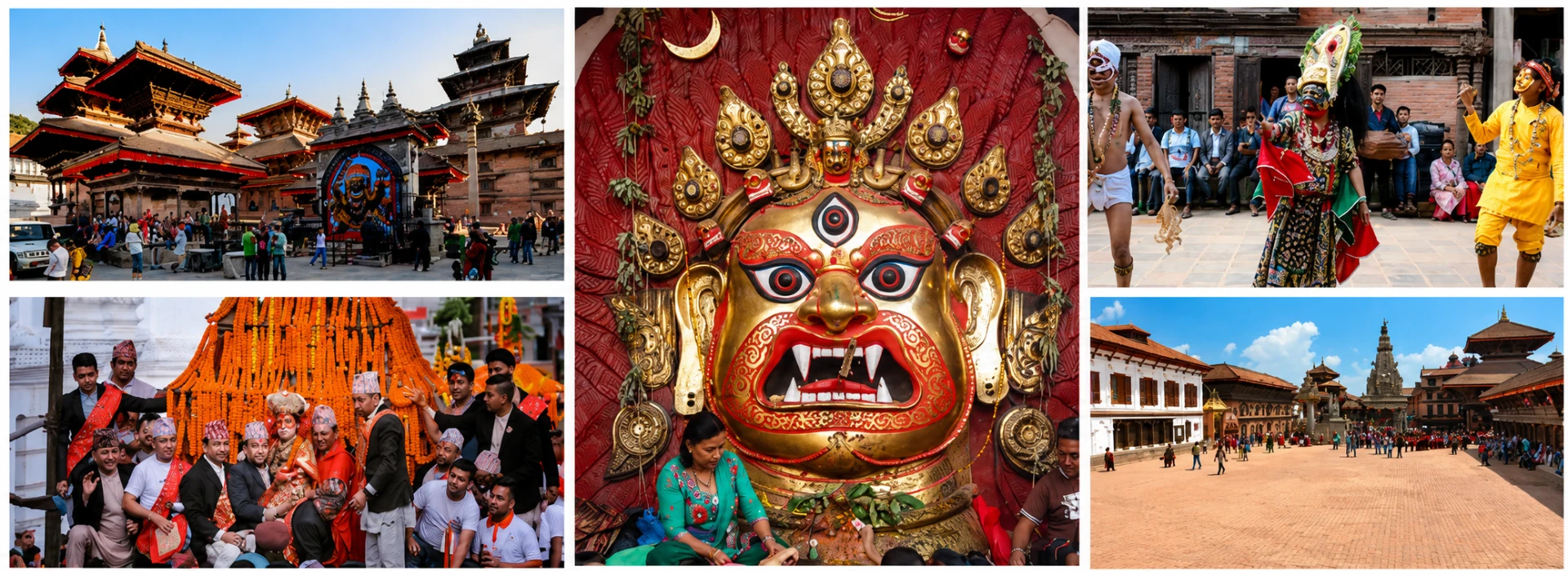 Indra Jatra festival in Kathmandu showing Kumari devotees, Bhairav mask, Lakhe dancers and Bhaktapur Durbar Square