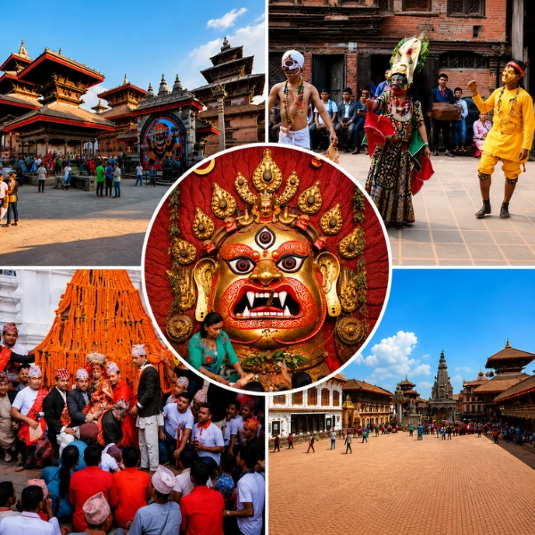 Indra Jatra festival in Kathmandu showing Kumari devotees, Bhairav mask, Lakhe dancers and Bhaktapur Durbar Square
