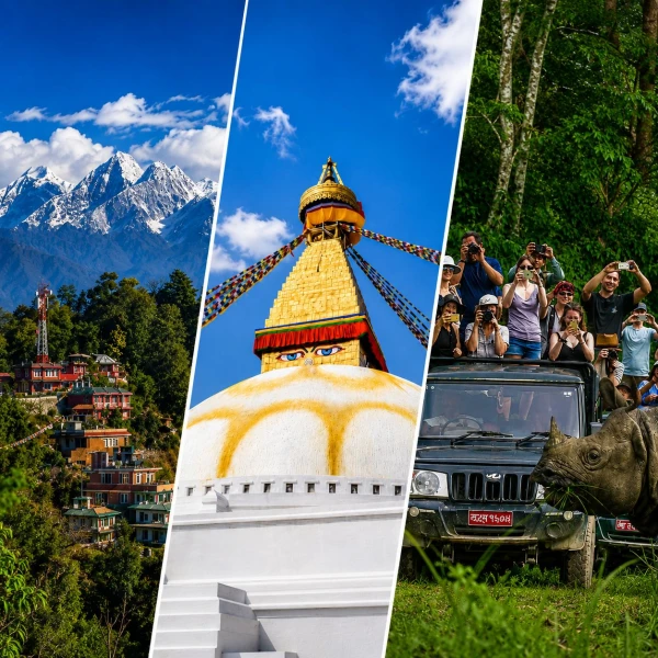 Nepal luxury travel banner showing a premium heritage resort pool, a Himalayan helicopter tour, and a Bengal tiger