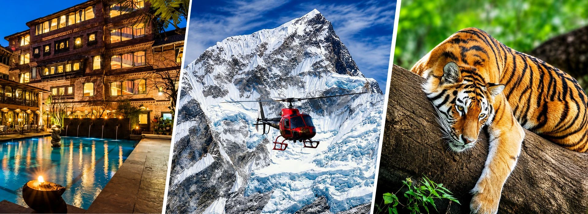 Nepal luxury travel banner showing a premium heritage resort pool, a Himalayan helicopter tour, and a Bengal tiger