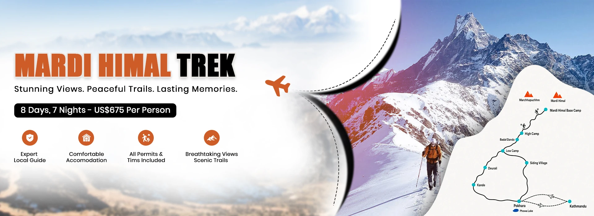 Mardi Himal Base Camp Trek route with Machhapuchhre and Annapurna peaks in the Annapurna region.