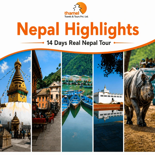 Nepal Highlights 14 Days tour featuring Kathmandu, Bandipur, Pokhara, Lumbini, and Chitwan with culture, nature, and wildlife.