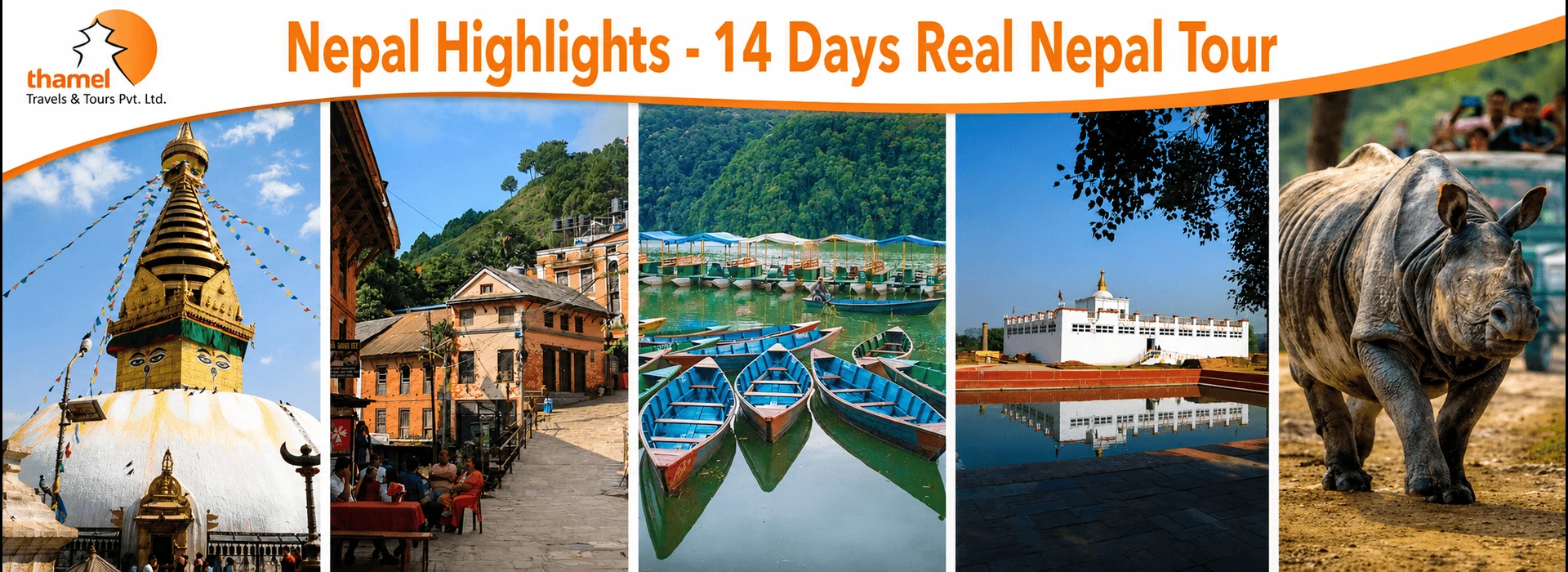 Nepal Highlights 14 Days tour featuring Kathmandu, Bandipur, Pokhara, Lumbini, and Chitwan with culture, nature, and wildlife.