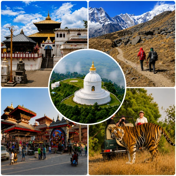 Kathmandu heritage sites, Himalayan hiking trail, and Bengal tiger safari on Nepal premium tour