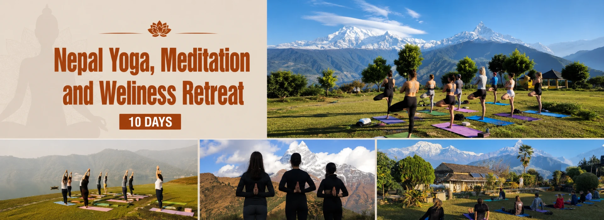 Group practicing sunrise yoga with Annapurna Himalayan range view in Pokhara Nepal