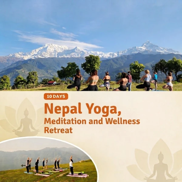 Group practicing sunrise yoga with Annapurna Himalayan range view in Pokhara Nepal