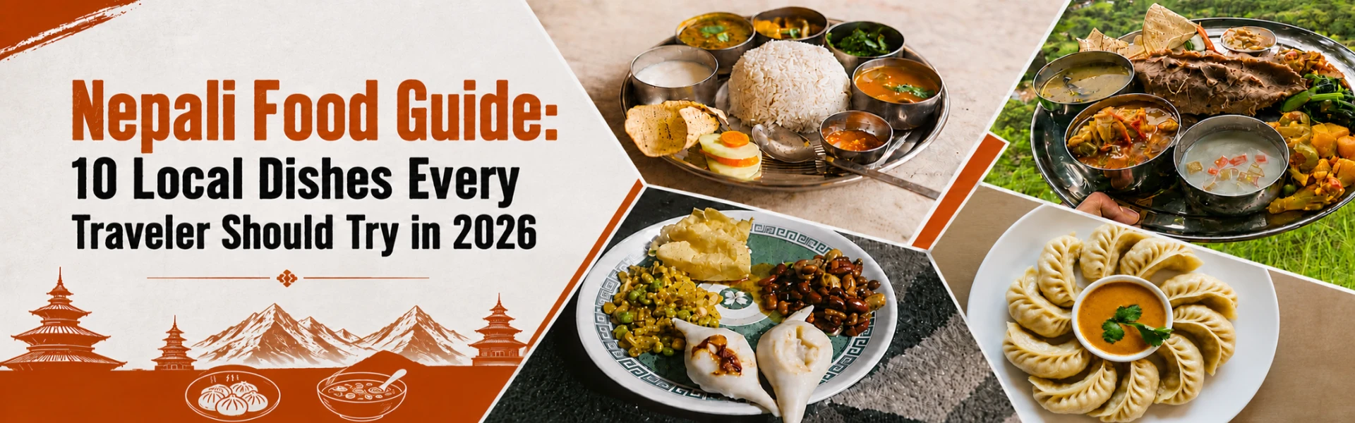 Nepali dal bhat thali, momo dumplings, and traditional dishes served on steel plates