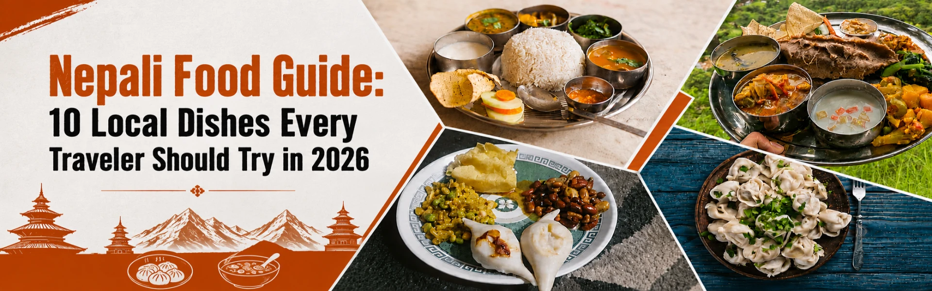 Nepali dal bhat thali, momo dumplings, and traditional dishes served on steel plates
