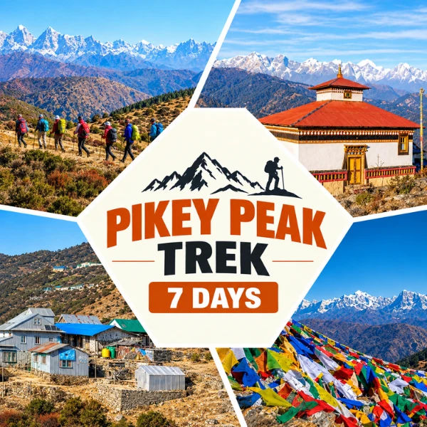 Trekkers watching the Himalayan sunrise from Pikey Peak in Nepal