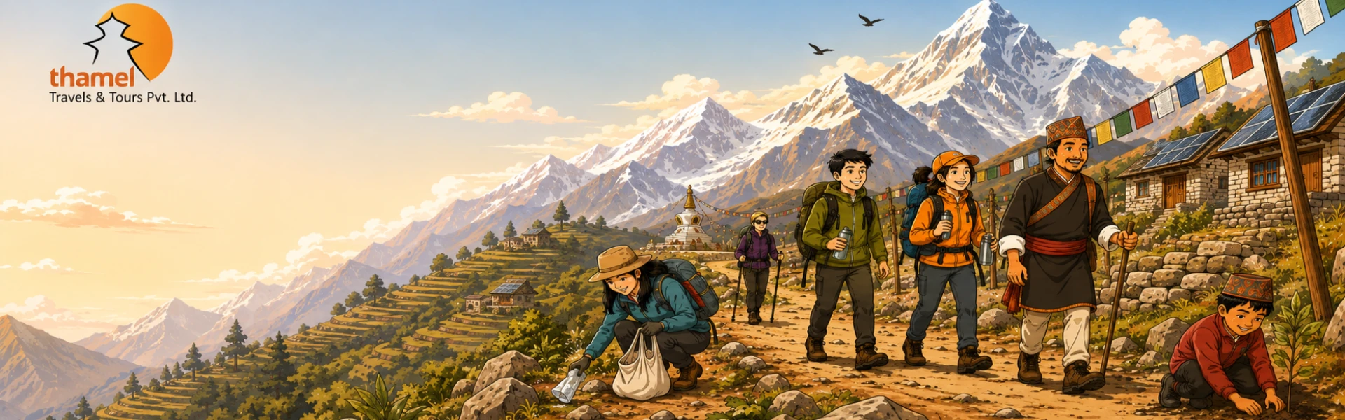 Responsible travel Nepal, trekkers and local guide hiking Himalayan trail with Thamel Travels and Tours