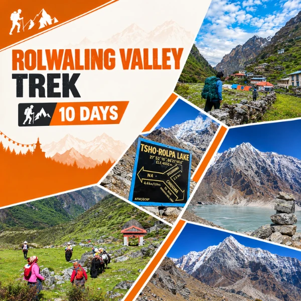 Rolwaling Valley Trek route through Na village with stone walls and Himalayan peaks
