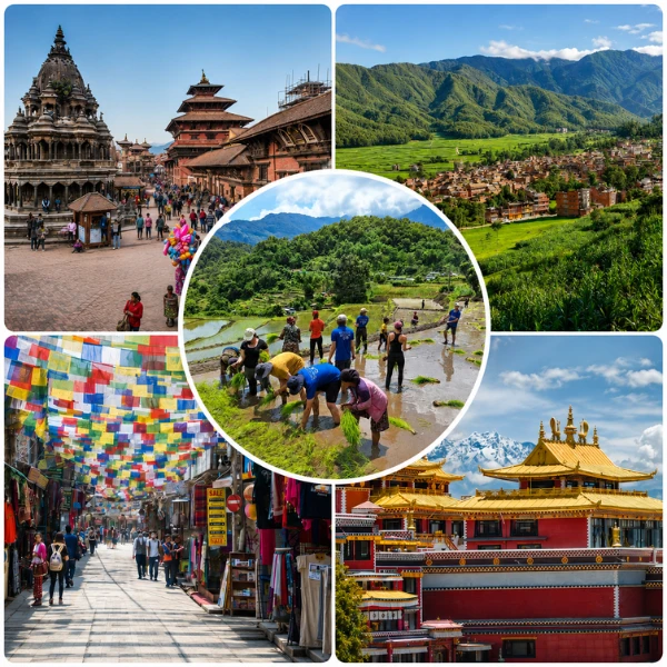 Rural Nepal village tour showing Panauti heritage, organic farming, Balthali village, and Namo Buddha monastery