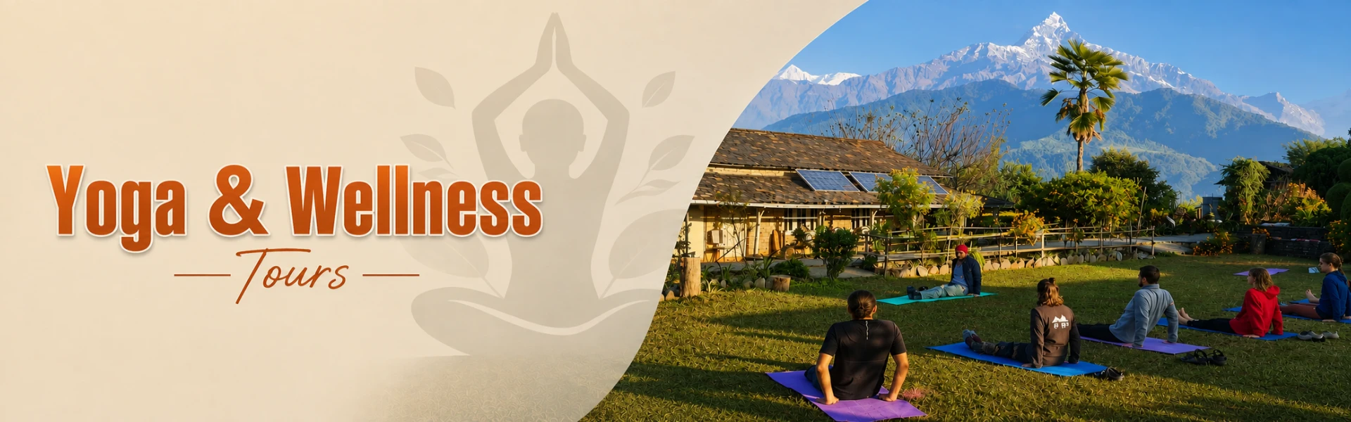 Yoga and wellness tour group practicing outdoor yoga on mats with Annapurna mountain view in Pokhara, Nepal