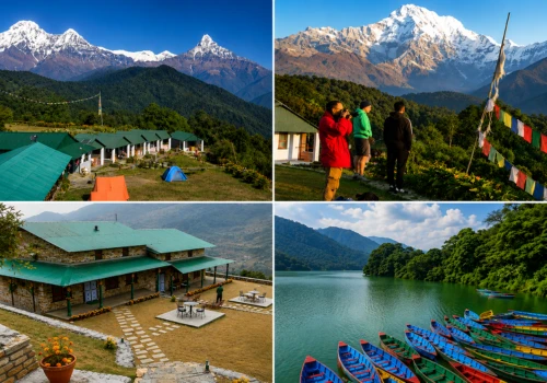 Australian Camp lodge, Annapurna views, Landruk Gurung village, and Phewa Lake boats in Pokhara