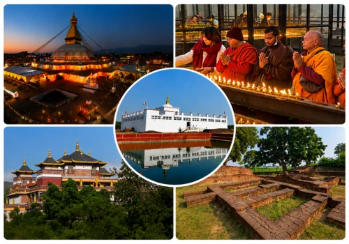 Pilgrims and monks celebrating Buddha Jayanti at Lumbini, the birthplace of Buddha