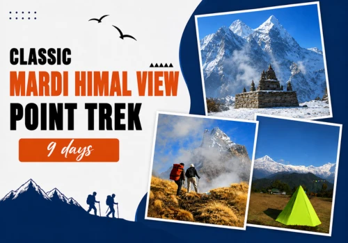 Trekkers hiking toward Mardi Himal with mountain lodge tent camp in the Annapurna region