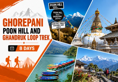 Poon Hill viewpoint at 3210m with Dhaulagiri range, Ghandruk trekkers, and Phewa Lake in Pokhara for the 8 day Annapurna trek