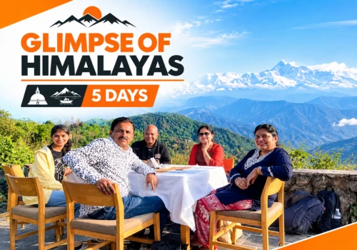 Travelers relaxing with Himalayan views on a Nepal luxury tour 5 days from Kathmandu