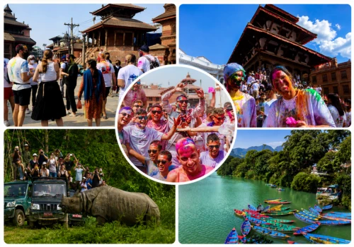 Travelers covered in Holi colors near a Kathmandu temple, on jungle safari, and by Pokhara's lakeside