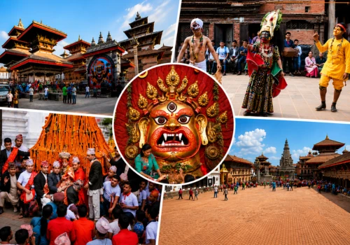 Indra Jatra festival in Kathmandu showing Kumari devotees, Bhairav mask, Lakhe dancers and Bhaktapur Durbar Square
