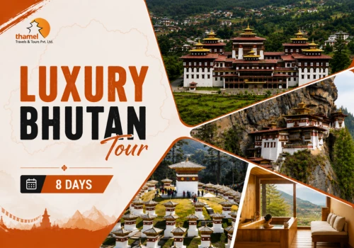 Luxury Bhutan Tour 8 days by Thamel Travels and Tours featuring Trashi Chhoe Dzong, Tiger's Nest, Dochula chortens and a Bhutanese hot stone bath