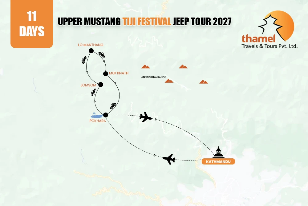 Upper Mustang Tiji Festival Jeep Tour 2027 map