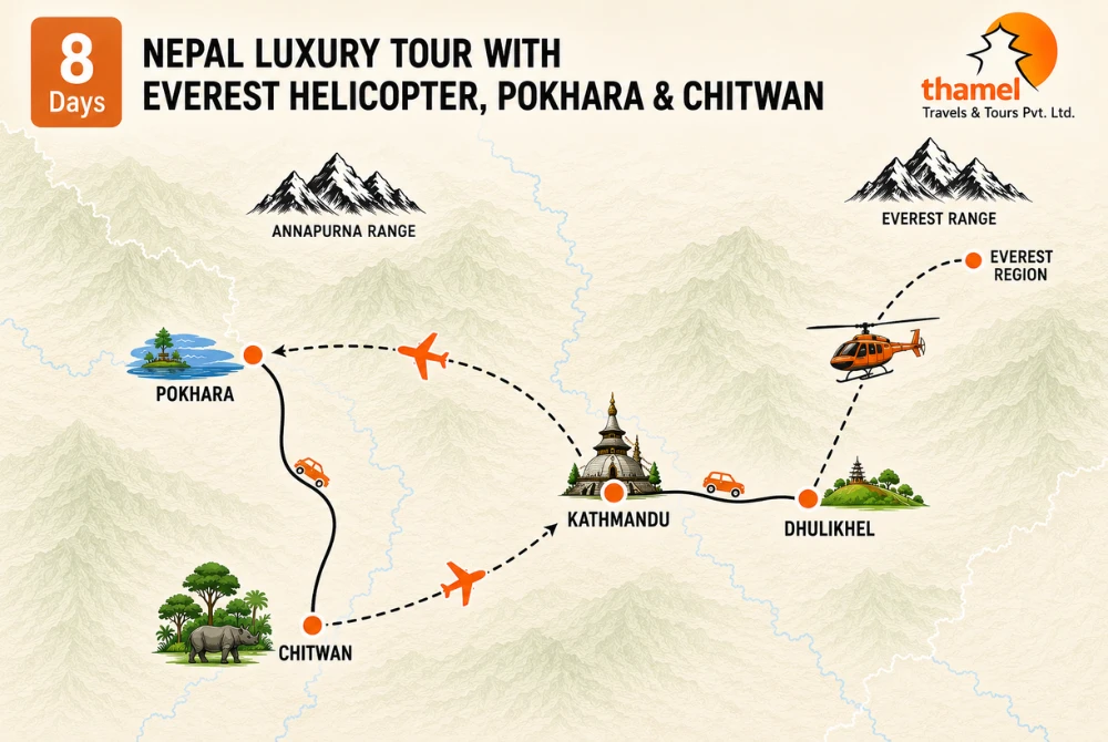 8 Days Nepal Luxury Tour with Everest Helicopter, Pokhara & Chitwan map