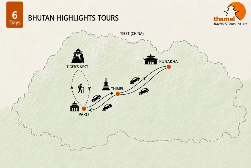 Bhutan Group Tours - 6 Days map