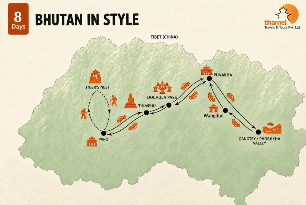 Bhutan in Style - 8 Days of Cultural and Experiential Premium Tour map